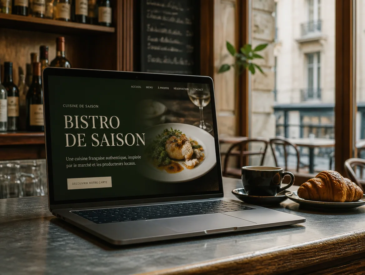 Ordinateur portable posé sur le comptoir en zinc d’un bistrot, affichant le site d’un restaurant.