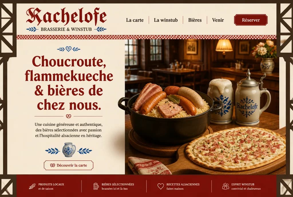 Page d’accueil du site de Kachelofe, brasserie et winstub alsacienne : lettrage gothique rouge, titre « Choucroute, flammekueche & bières de chez nous », choucroute garnie et chopes en grès.