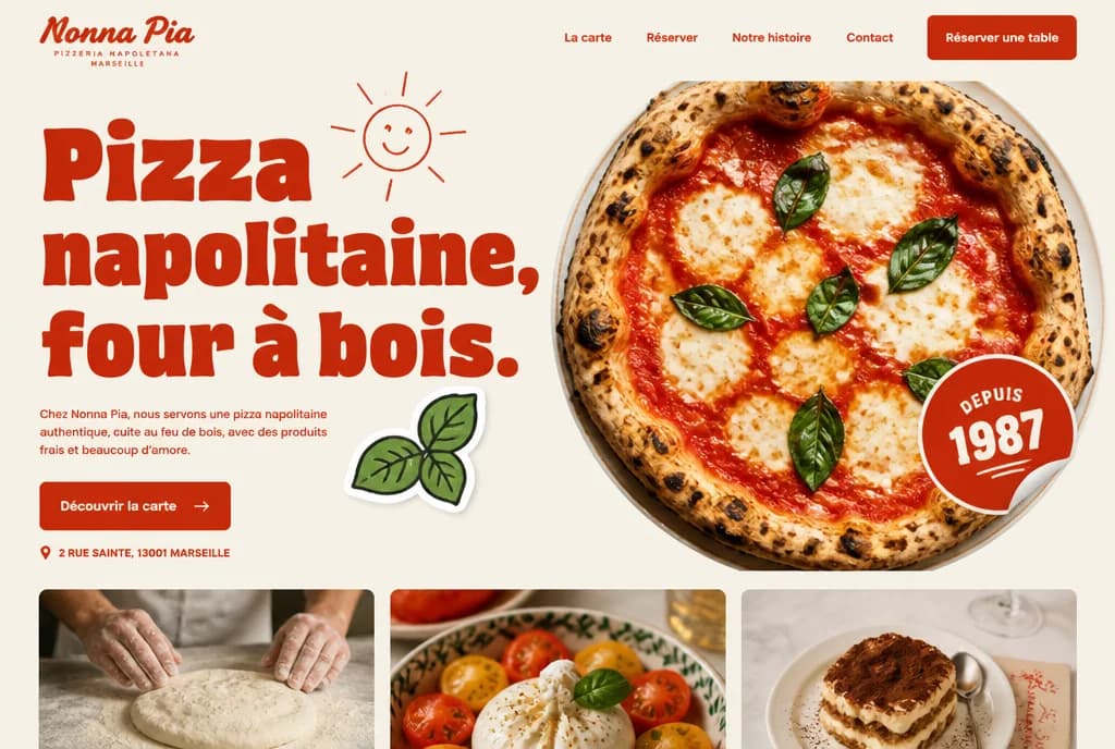 Page d’accueil du site de Nonna Pia, pizzeria napolitaine : titre rouge « Pizza napolitaine, four à bois » et photo d’une margherita.