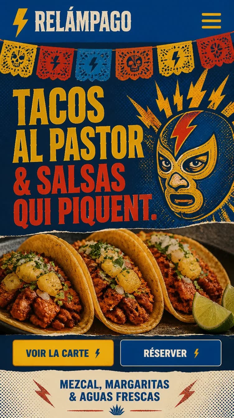 Version mobile du site de Relámpago, taqueria : masque de catcheur, papel picado et titre « Tacos al pastor & salsas qui piquent » sur fond bleu nuit.