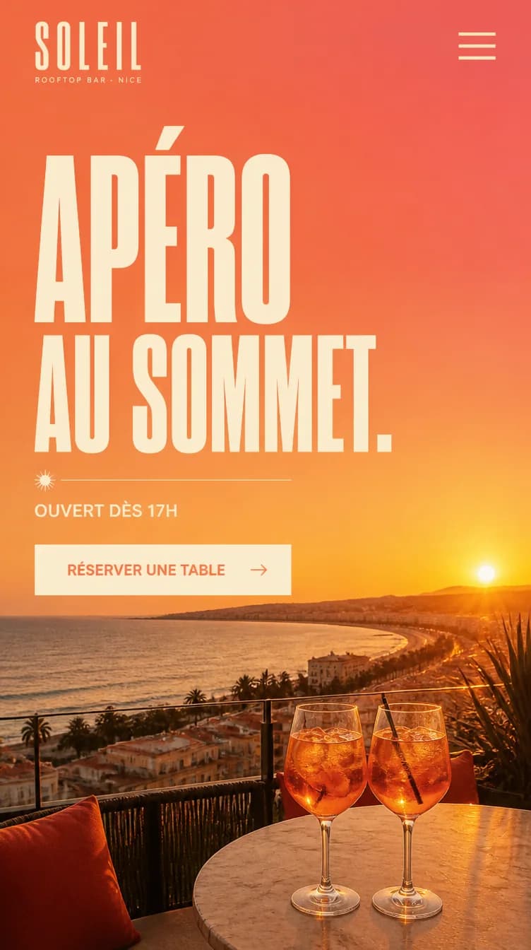 Version mobile du site de Soleil, rooftop : dégradé coucher de soleil et titre « Apéro au sommet ».