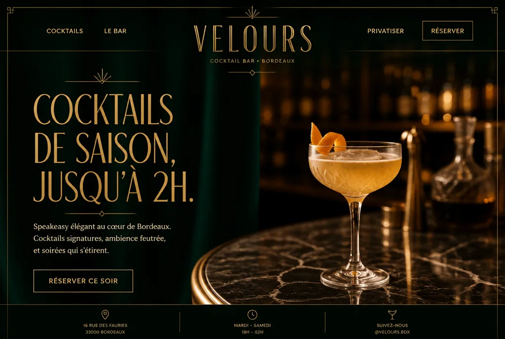 Page d’accueil du site de Velours, bar à cocktails : fond vert velours, lettrage Art déco doré et coupe de cocktail.