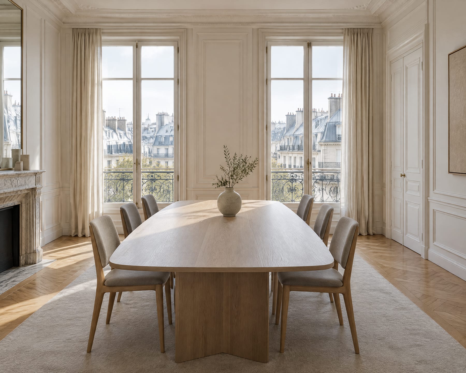 Salle de réunion lumineuse dans un immeuble haussmannien, longue table en chêne.