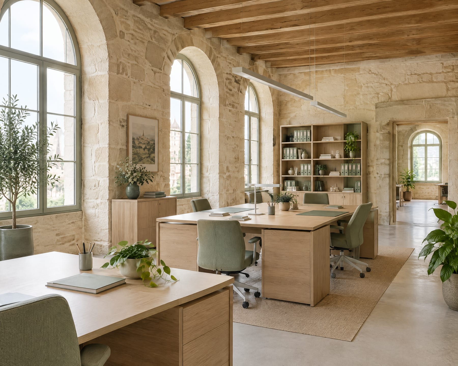 Bureau clair dans un bâtiment en pierre restauré, fenêtres en arc.