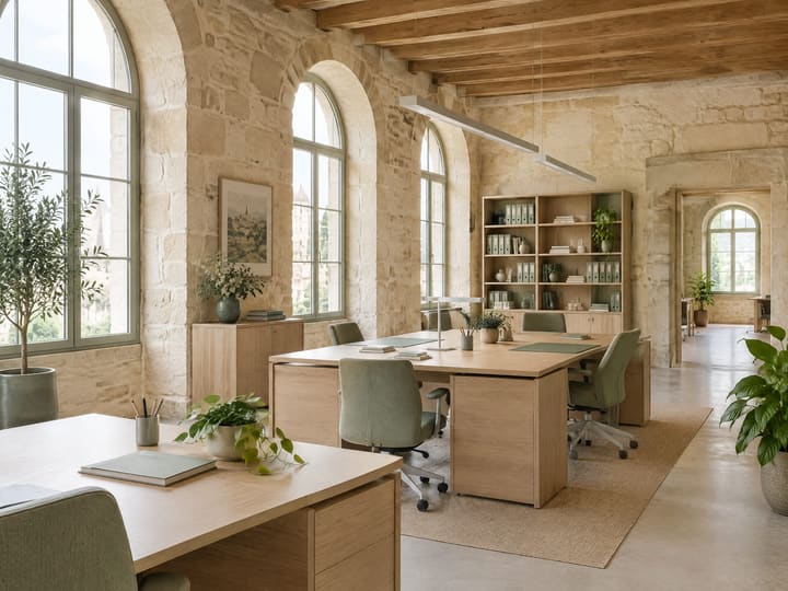Bureau clair d’un cabinet dans un bâtiment en pierre restauré, fenêtres en arc.